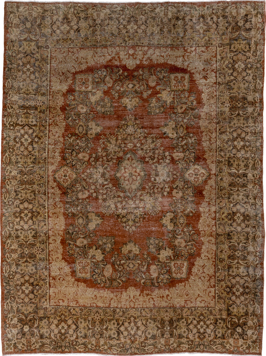 9' x 11' one-of-a-kind handmade vintage Mahal large size rug. Color palette: brown, gray, light gray