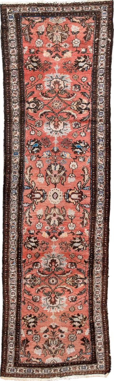 2' x 9' one-of-a-kind handmade vintage Lilian runner rug. Color palette: gray, red, pink, brown, light gray, off-white
