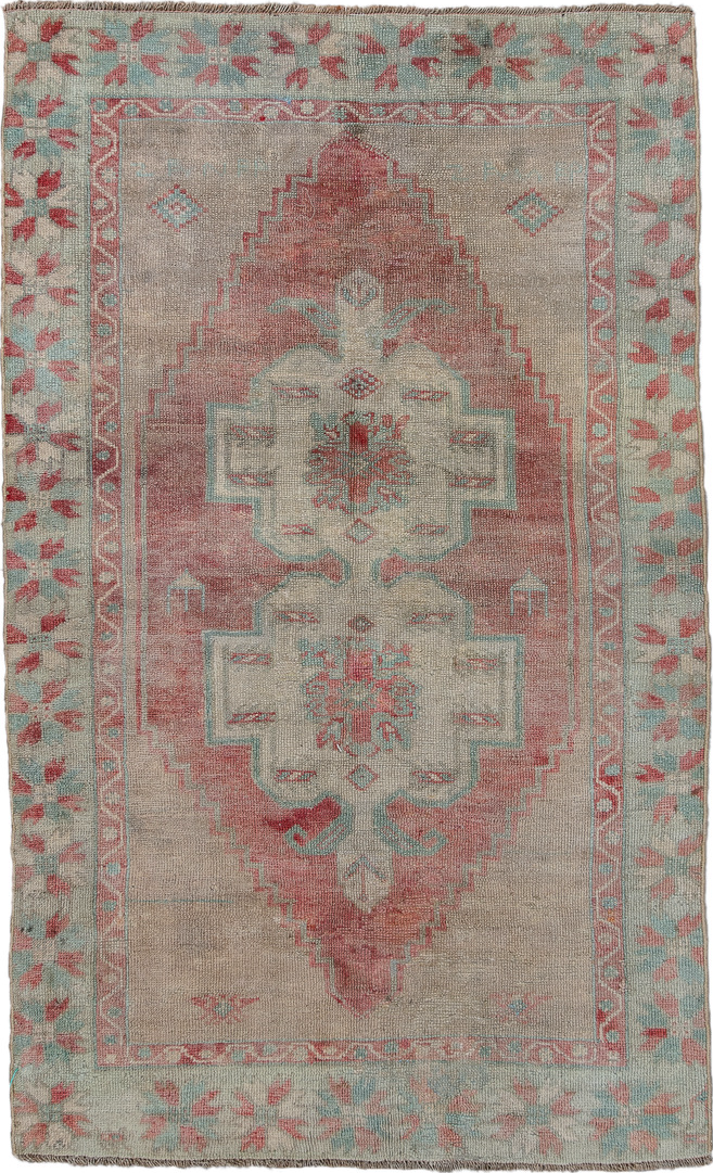 3' x 5' one-of-a-kind handmade vintage Oushak small size rug. Color palette: brown, dark gray, gray, light gray, off-white