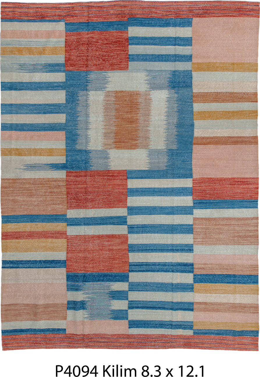 8' x 11' one-of-a-kind handmade vintage Kilim large size rug. Color palette: arapawa, blue, brown, gray, light blue