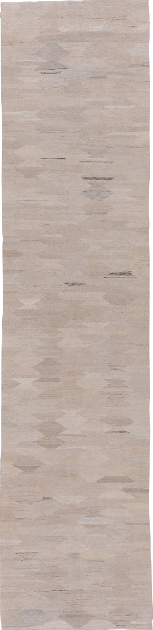 3' x 13' one-of-a-kind handmade vintage Kilim runner rug. Color palette: gray, light gray, off-white, pink, silver, snow