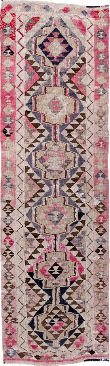 3' x 11' one-of-a-kind handmade vintage Kilim runner rug. Color palette: black, blue, brown, gray, light gray, off-white