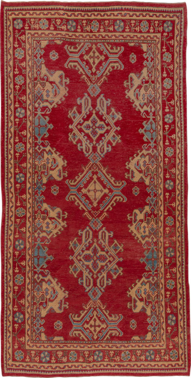 6' x 11' one-of-a-kind handmade vintage Oushak large size rug. Color palette: blue, brown, dim gray, gray, pink, red