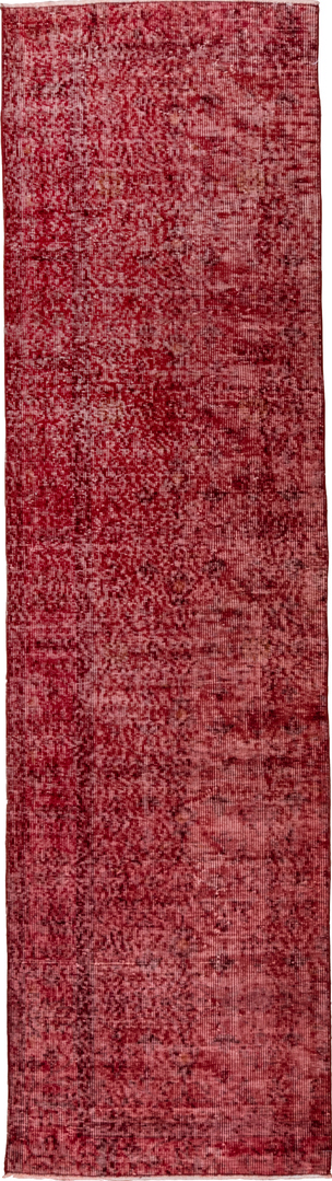 2' x 8' one-of-a-kind handmade vintage Overdyed runner rug. Color palette: brown, off-white, pink, red, snow, white
