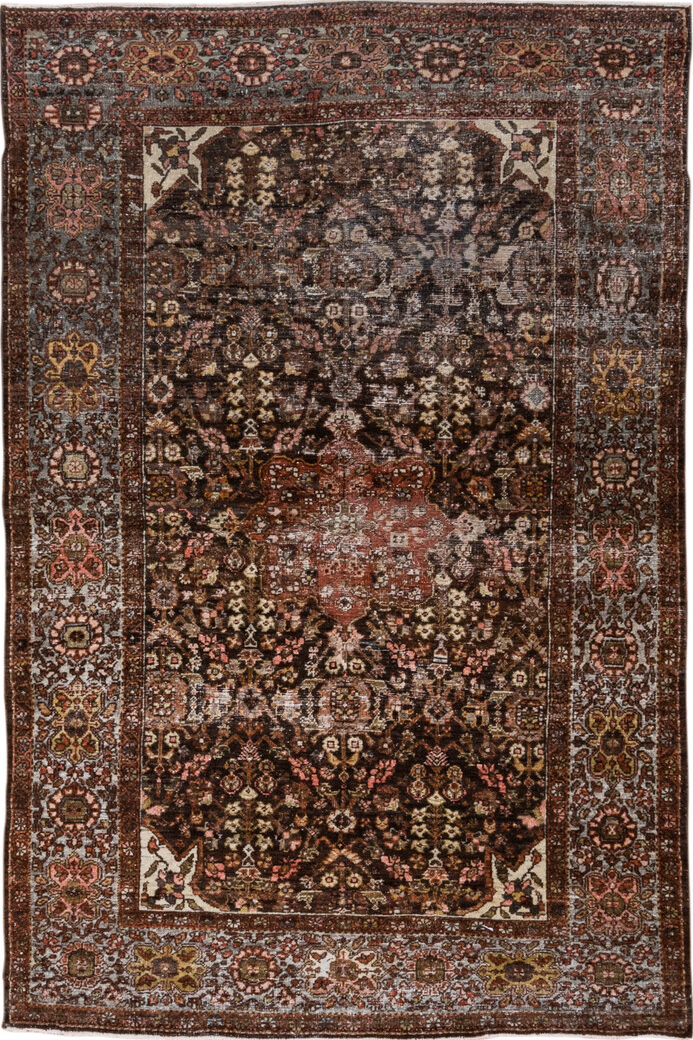 4' x 6' one-of-a-kind handmade vintage Far.Sarouk small size rug. Color palette: brown, gray, light gray, off-white, pink