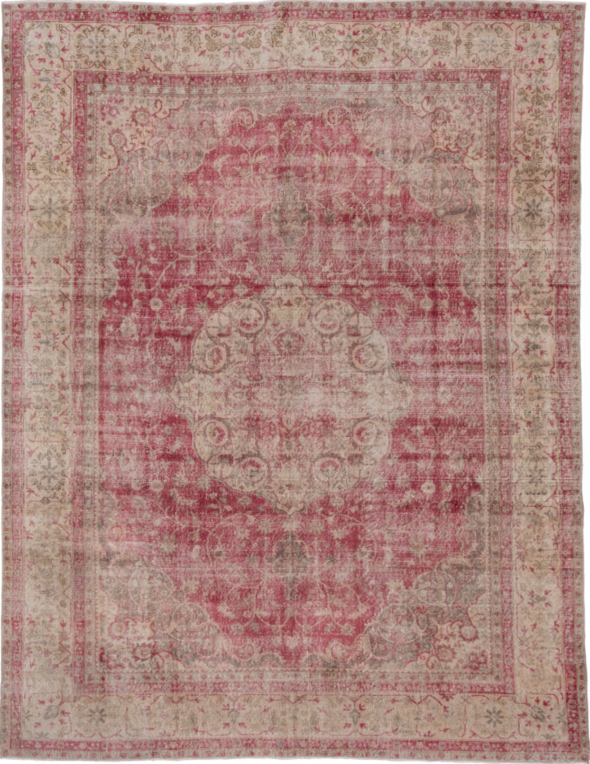 8' x 10' one-of-a-kind handmade vintage Oushak large size rug. Color palette: brown, gray, light gray, off-white, pink, red