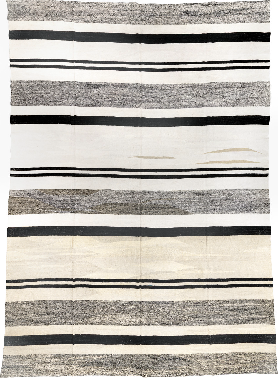 13' x 19' one-of-a-kind handmade vintage Kilim oversize rug. Color palette: black, charcoal, dark gray, dim gray, gray