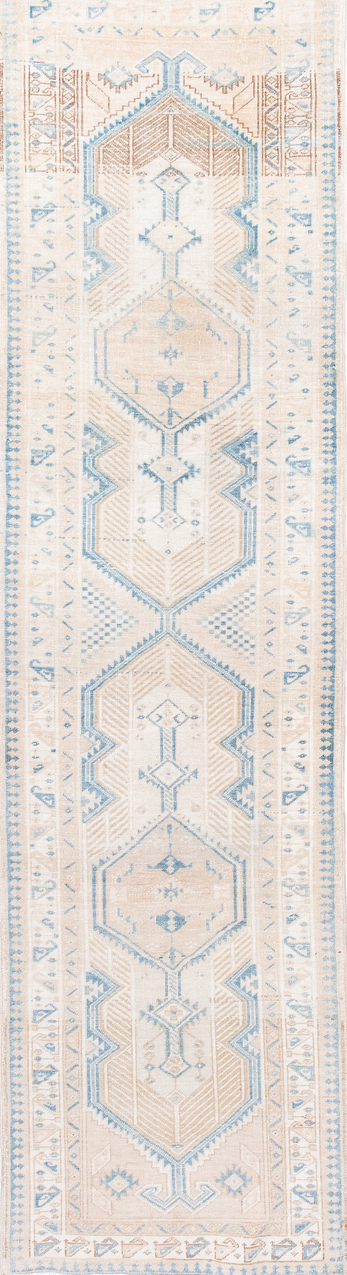 3' x 11' one-of-a-kind handmade vintage Sarab runner rug. Color palette: brown, gainsboro, gray, light blue, light gray