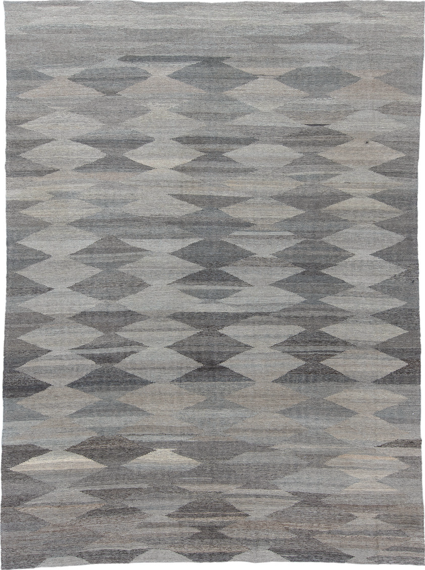 9' x 12' one-of-a-kind handmade vintage Kilim large size rug. Color palette: black, blue, dark gray, dim gray, gray