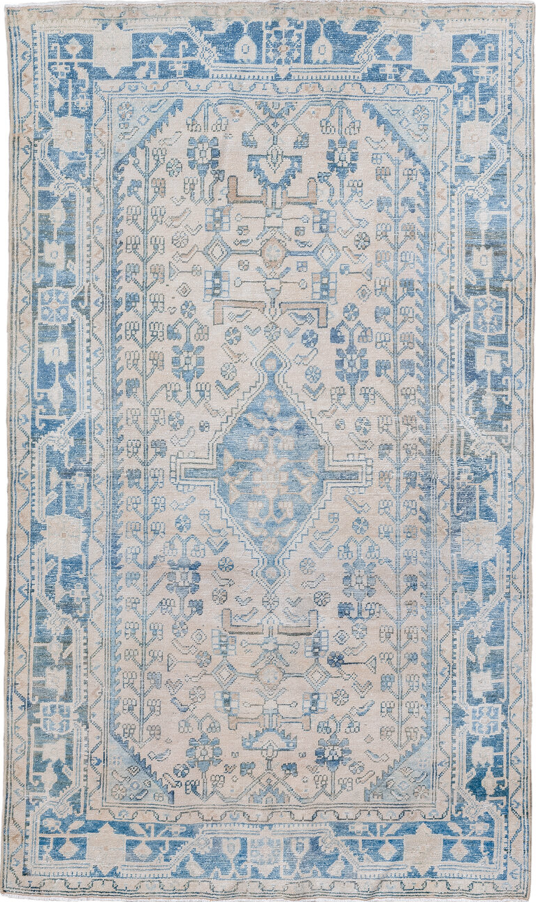 4' x 7' one-of-a-kind handmade vintage Hamadan rug. Color palette: alice blue, blue, dark gray, dim gray, fiord, ghost white