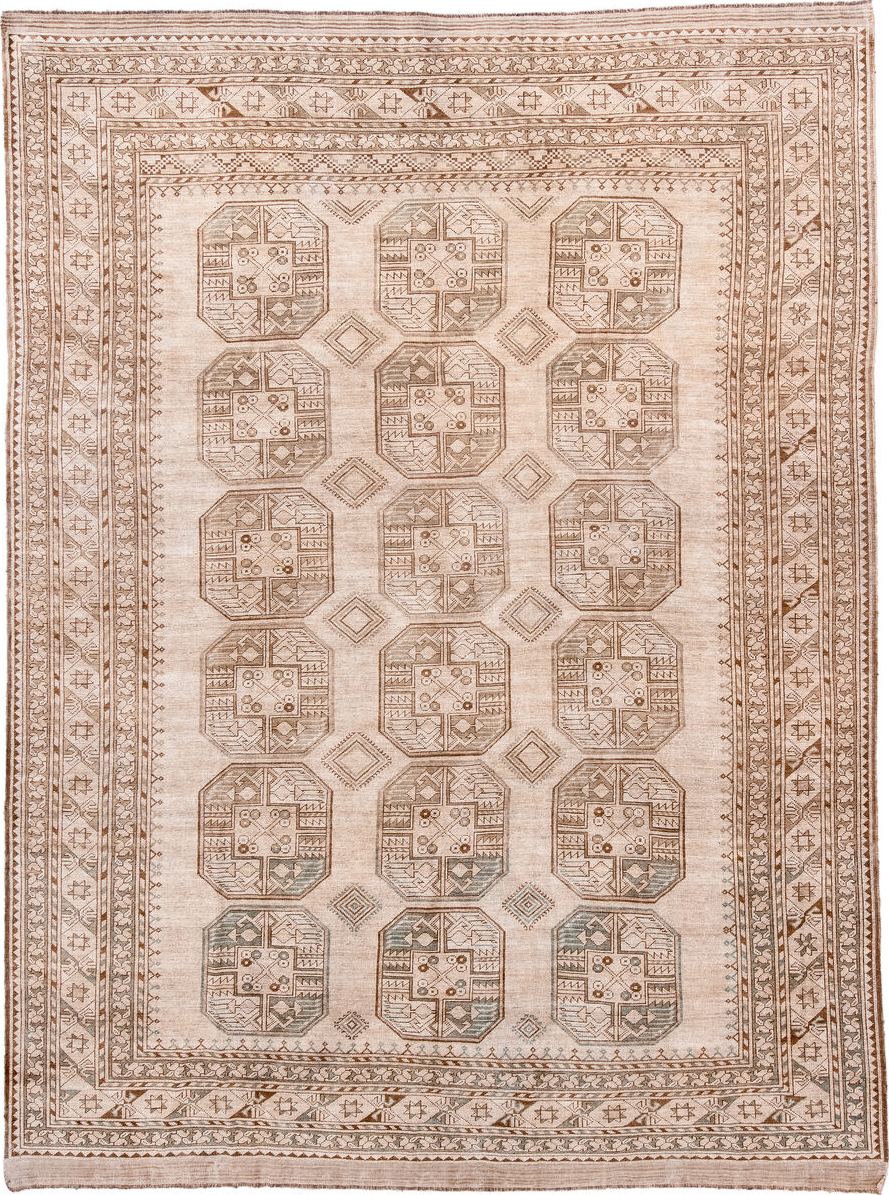 8' x 11' one-of-a-kind handmade vintage Afghan large size rug. Color palette: antiquewhite, brown, gray, light gray, linen