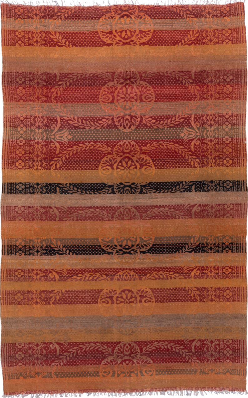 5' x 8' one-of-a-kind handmade vintage Kilim medium size rug. Color palette: brown, gray, light gray, pink, red, redwood