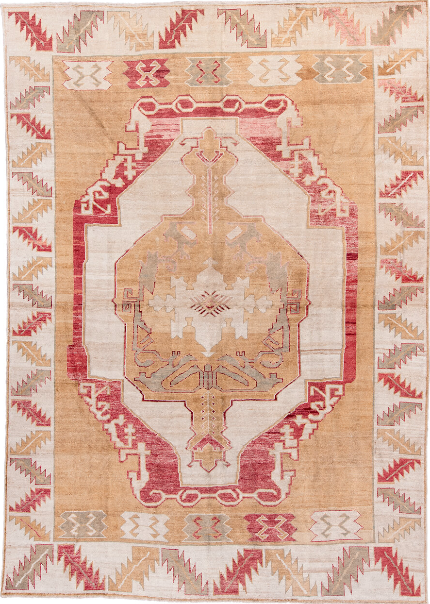 9' x 13' one-of-a-kind handmade vintage Kars large size rug. Color palette: brown, burgundy, gray, light coral, off-white