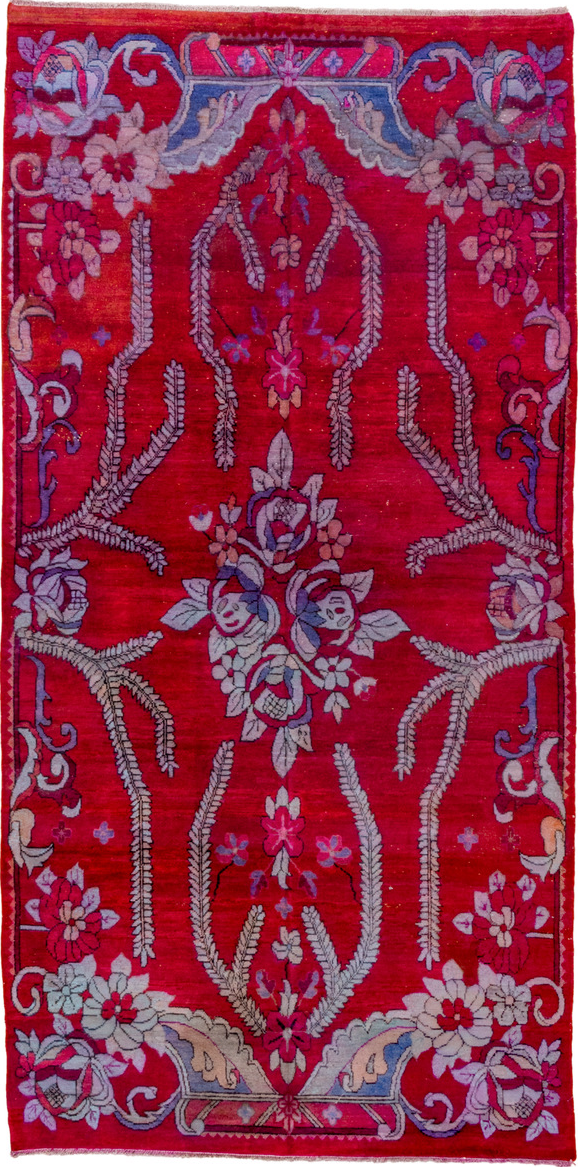 5' x 10' one-of-a-kind handmade vintage Khotan medium size rug. Color palette: blue, brown, gray, pink, red