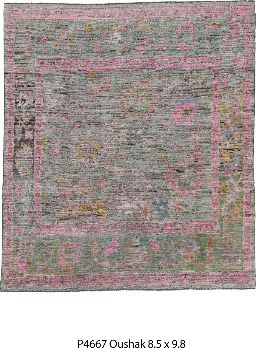 8' x 9' one-of-a-kind handmade vintage Oushak rug. Color palette: black, brown, charcoal, dark gray, dim gray, gray