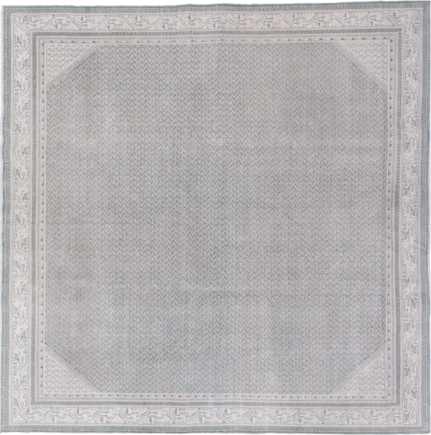 8' x 8' one-of-a-kind handmade vintage Mir rug. Color palette: dark gray, gainsboro, gray, light gray, off-white, silver