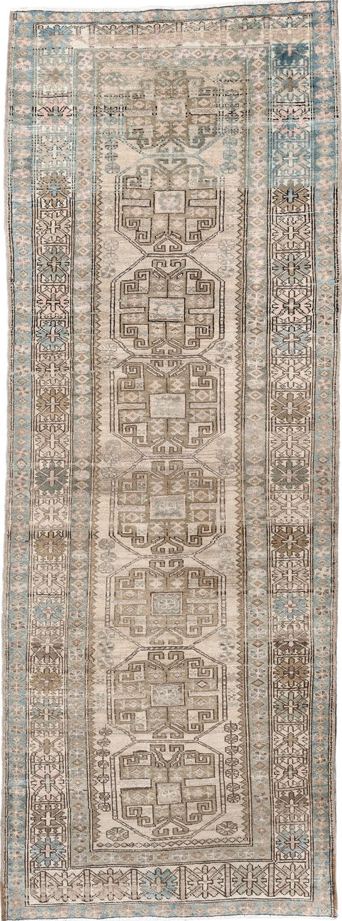 3' x 10' one-of-a-kind handmade vintage Sarab runner rug. Color palette: brown, gainsboro, gray, light gray, off-white, pink