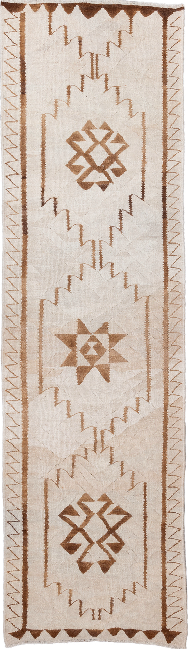 3' x 11' one-of-a-kind handmade vintage Kilim runner rug. Color palette: brown, gainsboro, gray, light gray, off-white, snow