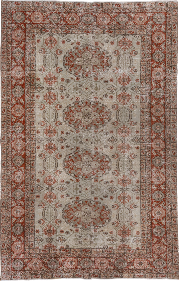 5' x 7' one-of-a-kind handmade vintage Oushak rug. Color palette: brown, gray, light gray, off-white, pink, redwood, silver