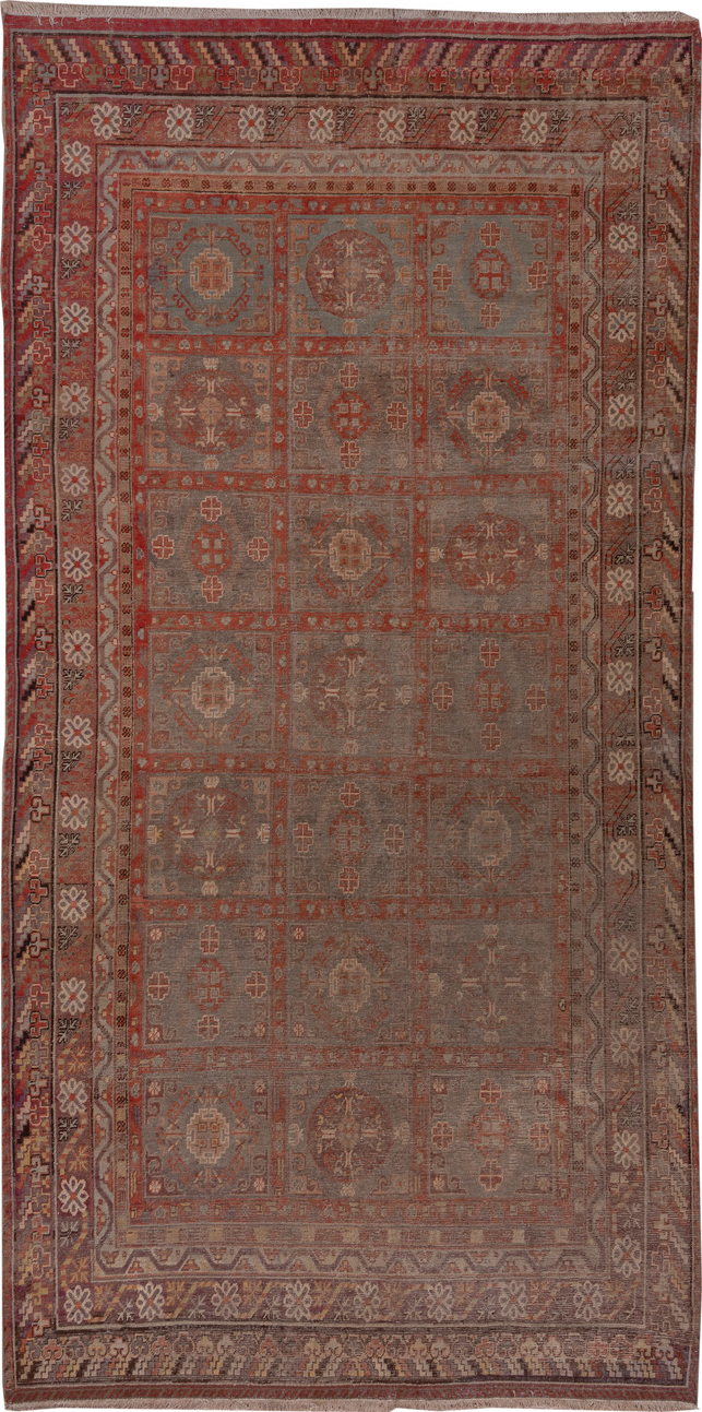 6' x 12' one-of-a-kind handmade vintage Khotan large size rug. Color palette: brown, gray, pink, red