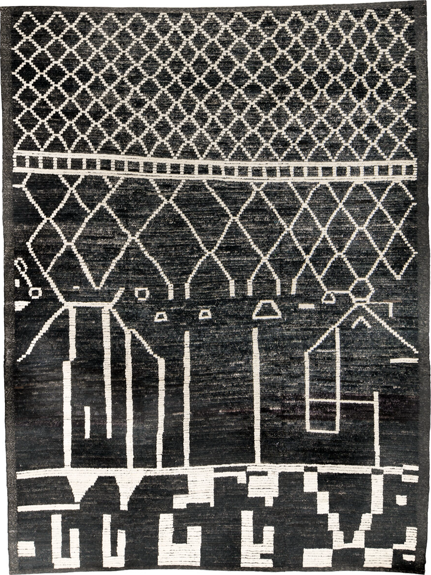 9' x 12' one-of-a-kind handmade vintage Tulu large size rug. Color palette: black, brown, charcoal, dark gray, dim gray