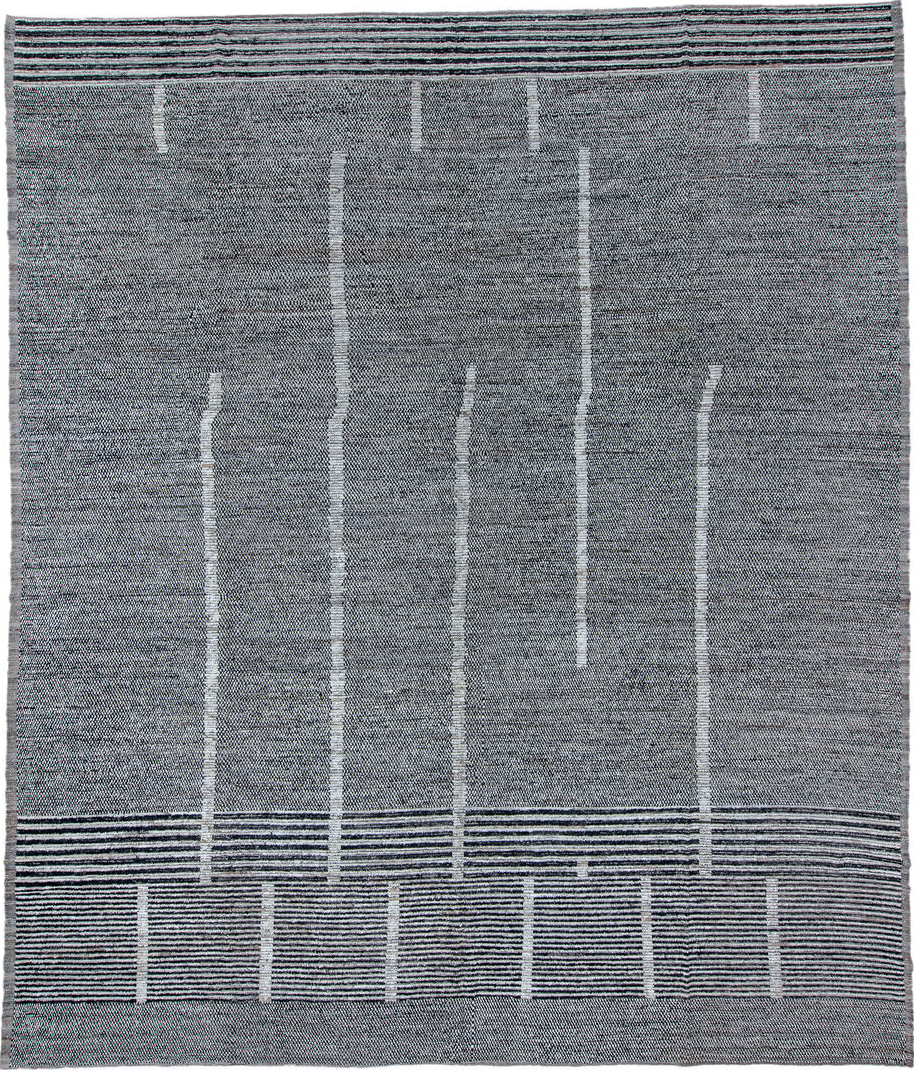 13' x 15' one-of-a-kind handmade vintage Tulu oversize rug. Color palette: black, blue, dark gray, dim gray, gainsboro, gray