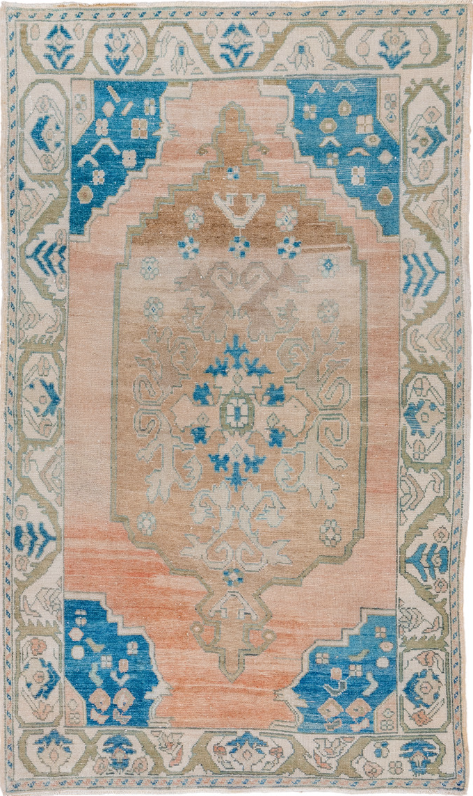 3' x 6' one-of-a-kind handmade vintage Oushak small size rug. Color palette: blue, brown, dim gray, gray, light gray
