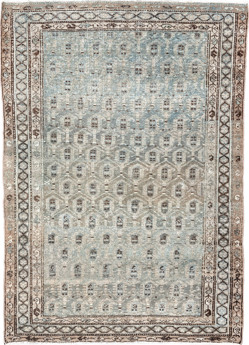 4' x 6' one-of-a-kind handmade vintage Hamadan small size rug. Color palette: brown, gray, light gray, linen, off-white