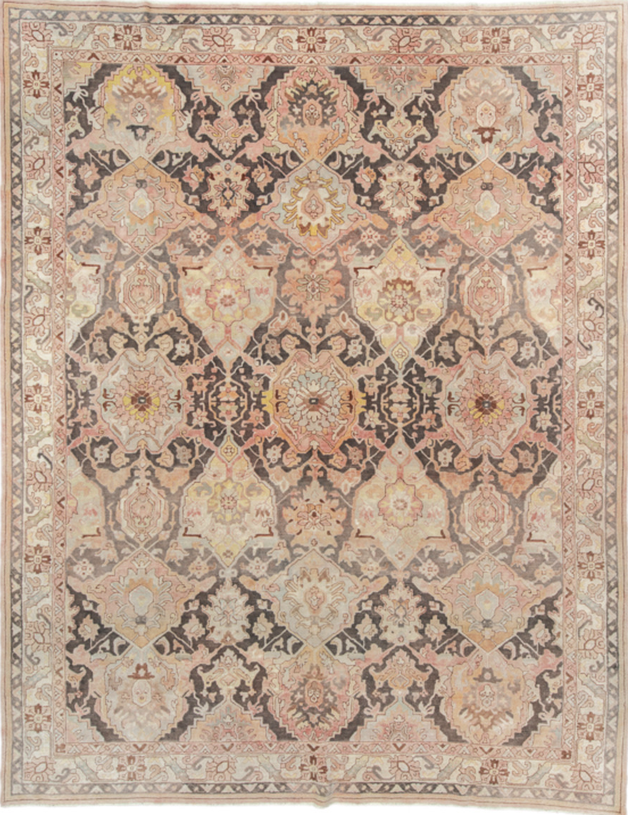 9' x 12' one-of-a-kind handmade vintage Hooked large size rug. Color palette: light gray, off-white, gray, pink, brown