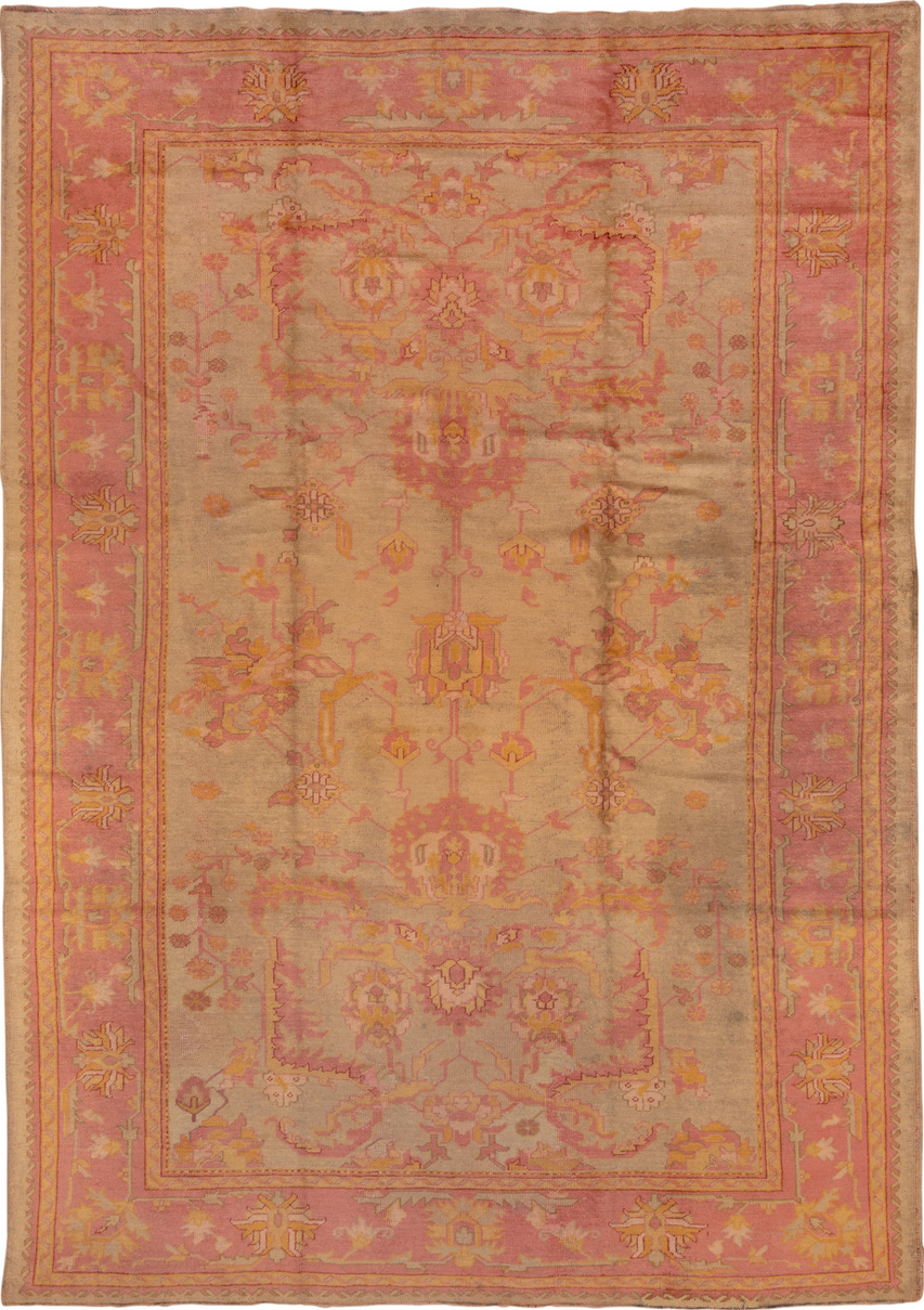 8' x 11' one-of-a-kind handmade vintage Oushak large size rug. Color palette: brown, orange, peru, pink, red, sienna