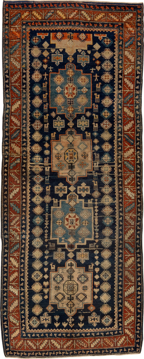 4' x 10' one-of-a-kind handmade vintage Hamadan runner rug. Color palette: black, blue, brown, gray, saddle brown