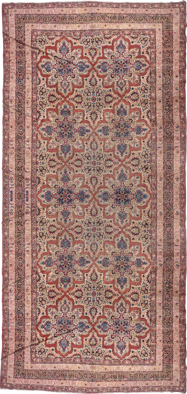 9' x 21' one-of-a-kind handmade vintage Lavar rug. Color palette: blue, brown, fiord, gray, off-white, orange, pink, red