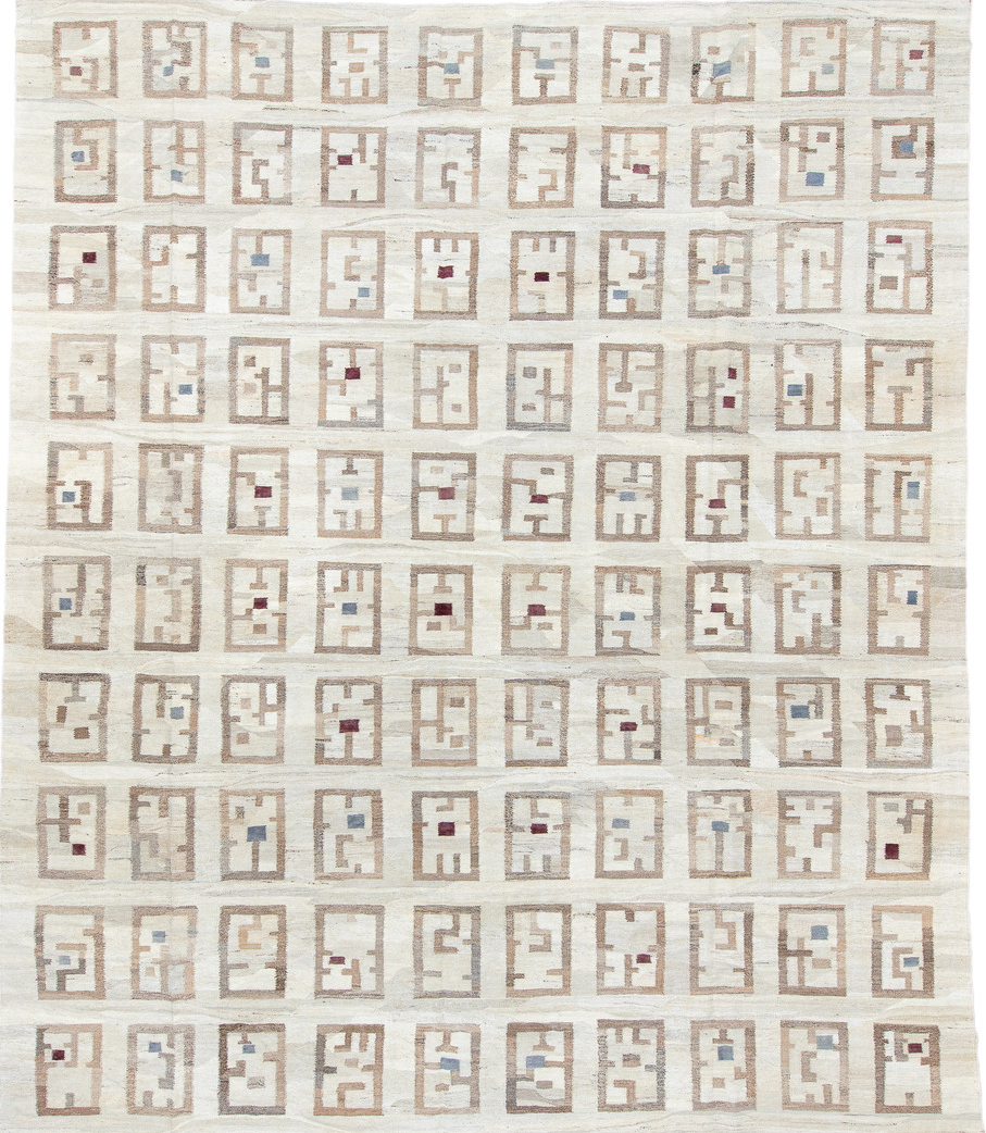 12' x 14' one-of-a-kind handmade vintage Kilim oversize rug. Color palette: black, charcoal, dark gray, gainsboro, gray