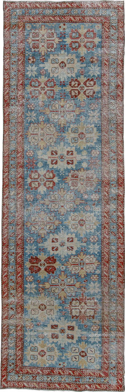 3' x 10' one-of-a-kind handmade vintage Heriz runner rug. Color palette: brown, pink