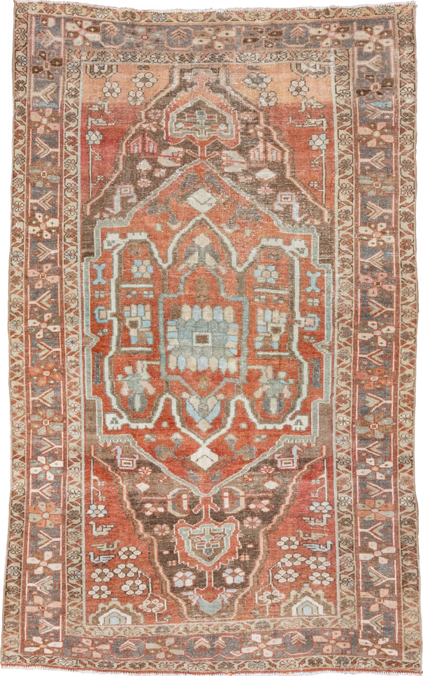 4' x 7' one-of-a-kind handmade vintage Serapi rug. Color palette: brown, gray, light gray, off-white, pink