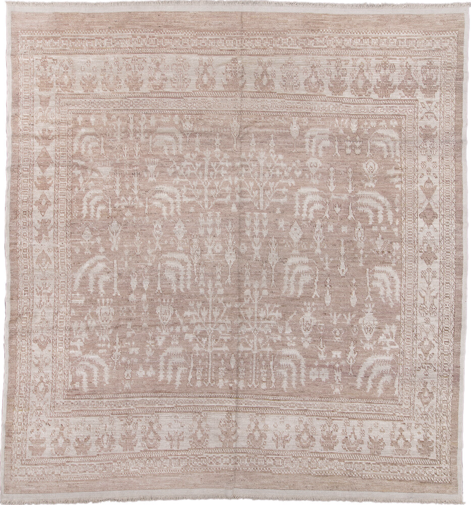 13' x 14' one-of-a-kind handmade vintage Tulu oversize rug. Color palette: gainsboro, gray, light gray, off-white, pink