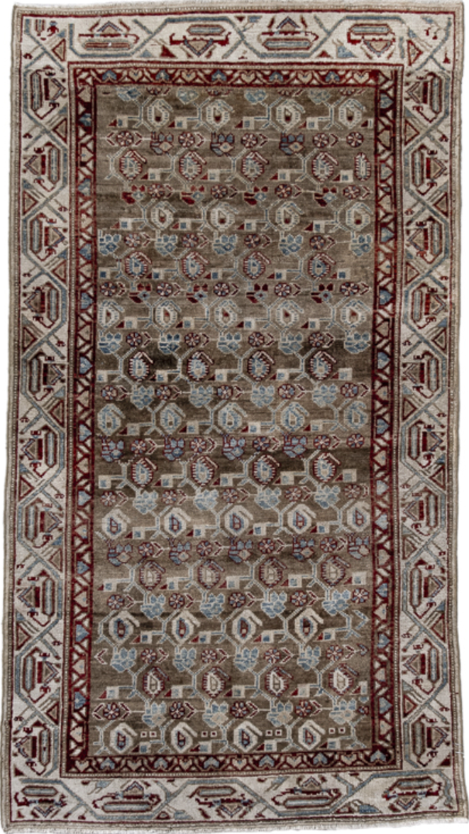 3' x 6' one-of-a-kind handmade vintage Malayer small size rug. Color palette: brown, dim gray, gray, light gray