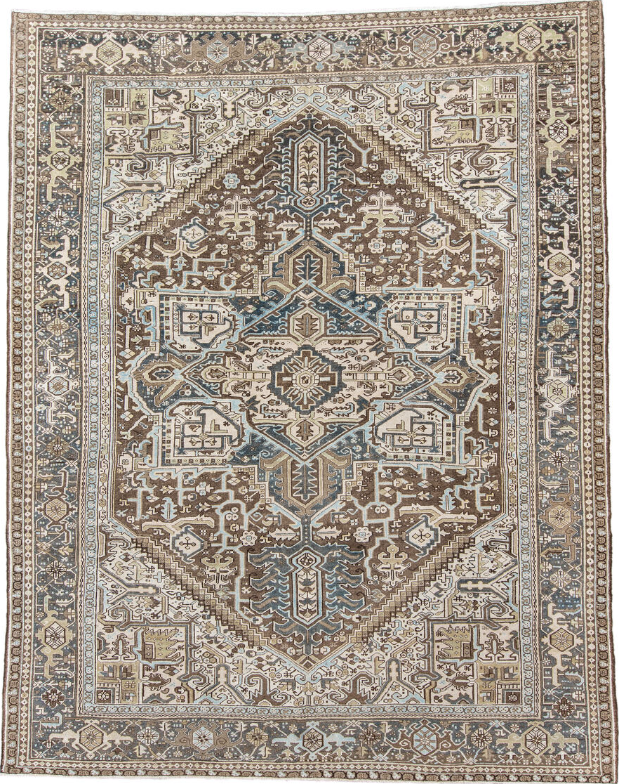 9' x 11' one-of-a-kind handmade vintage Karaje large size rug. Color palette: antiquewhite, brown, dark gray, dim gray