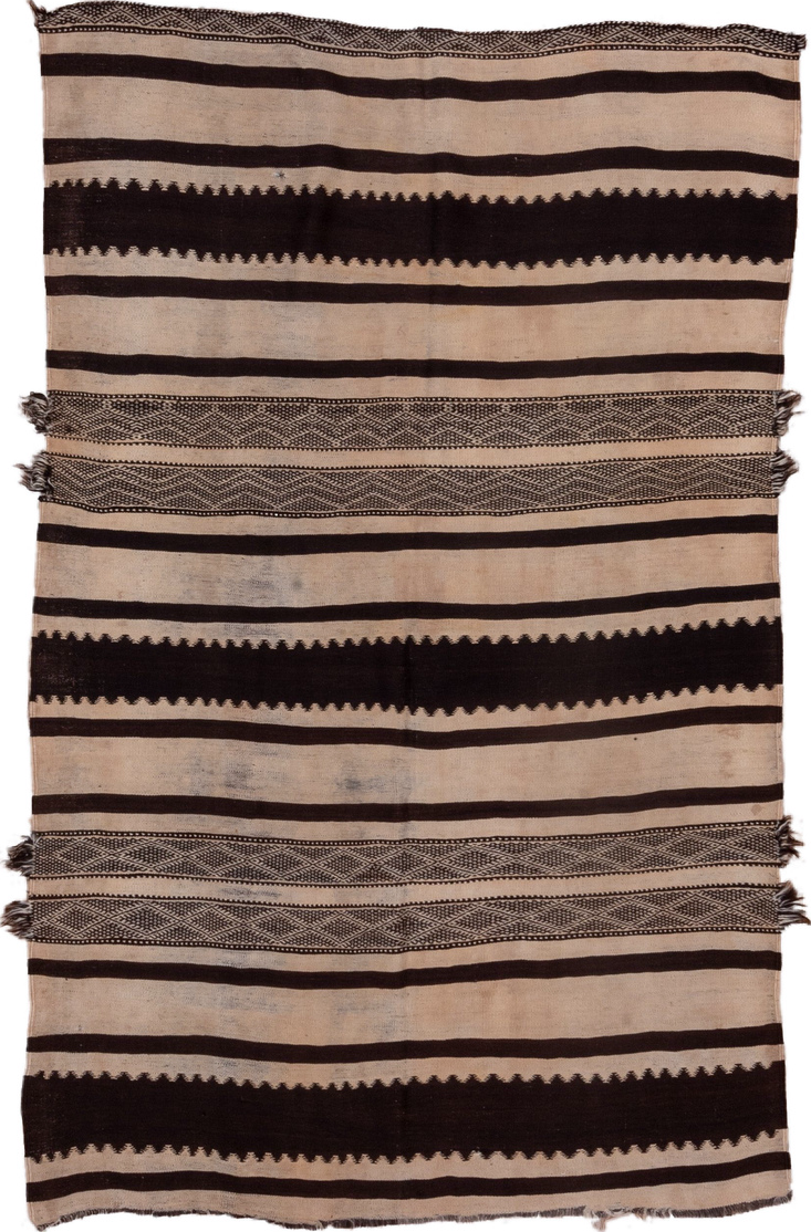 5' x 8' one-of-a-kind handmade vintage Kilim medium size rug. Color palette: brown, gray, off-white, pink, snow, white