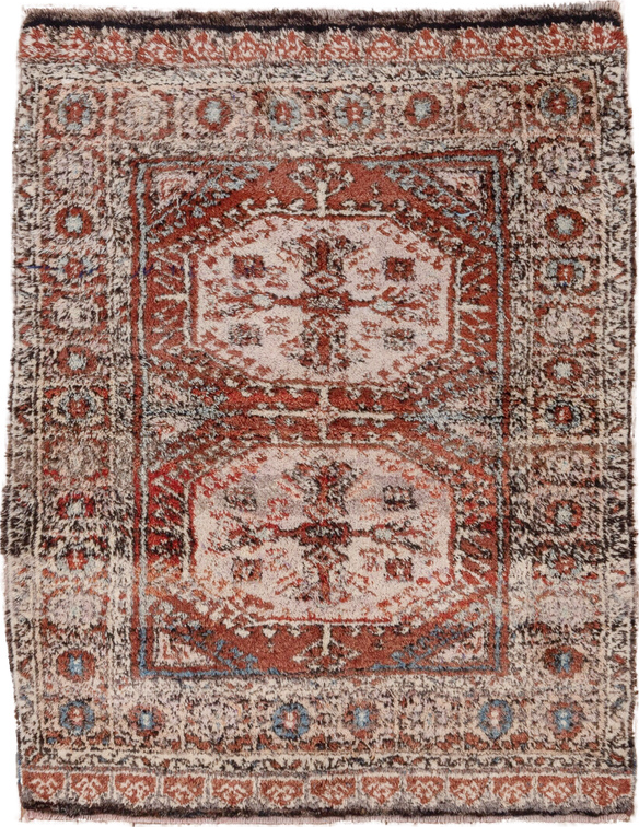 4' x 5' one-of-a-kind handmade vintage Tulu small size rug. Color palette: brown, gray, light gray, off-white, pink, red