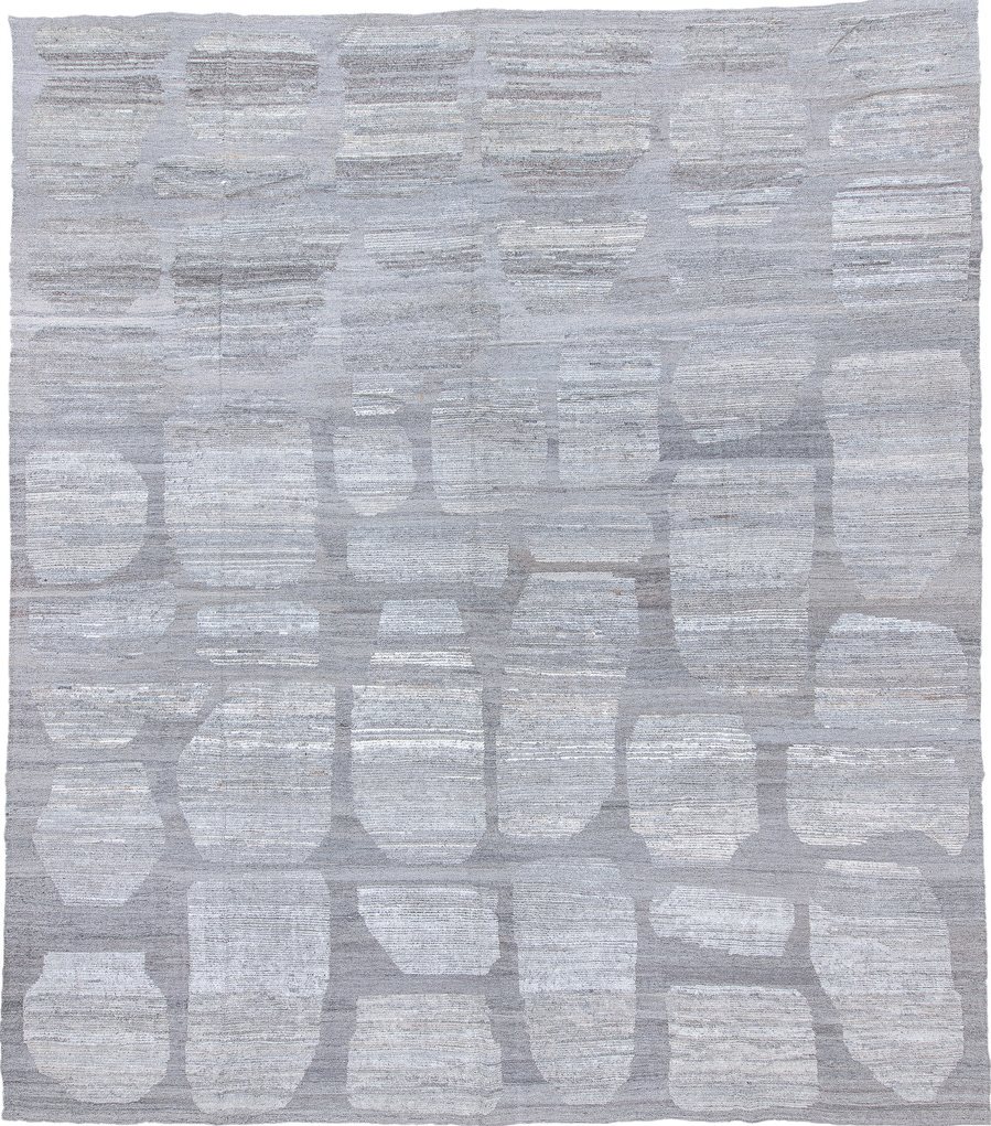 13' x 15' one-of-a-kind handmade vintage Tulu oversize rug. Color palette: black, blue, dark gray, gray, light blue