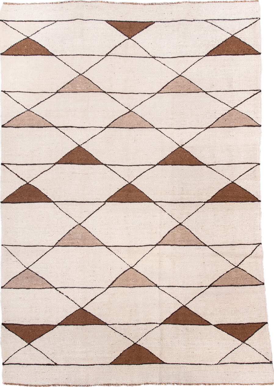 6' x 9' one-of-a-kind handmade vintage Kilim medium size rug. Color palette: brown, floral white, gray, light gray, linen