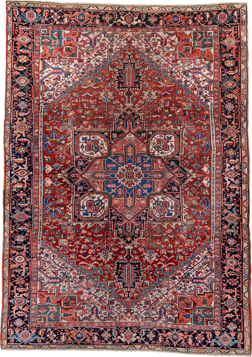 7' x 11' one-of-a-kind handmade vintage Heriz large size rug. Color palette: black, blue, brown, charcoal, dark slate gray