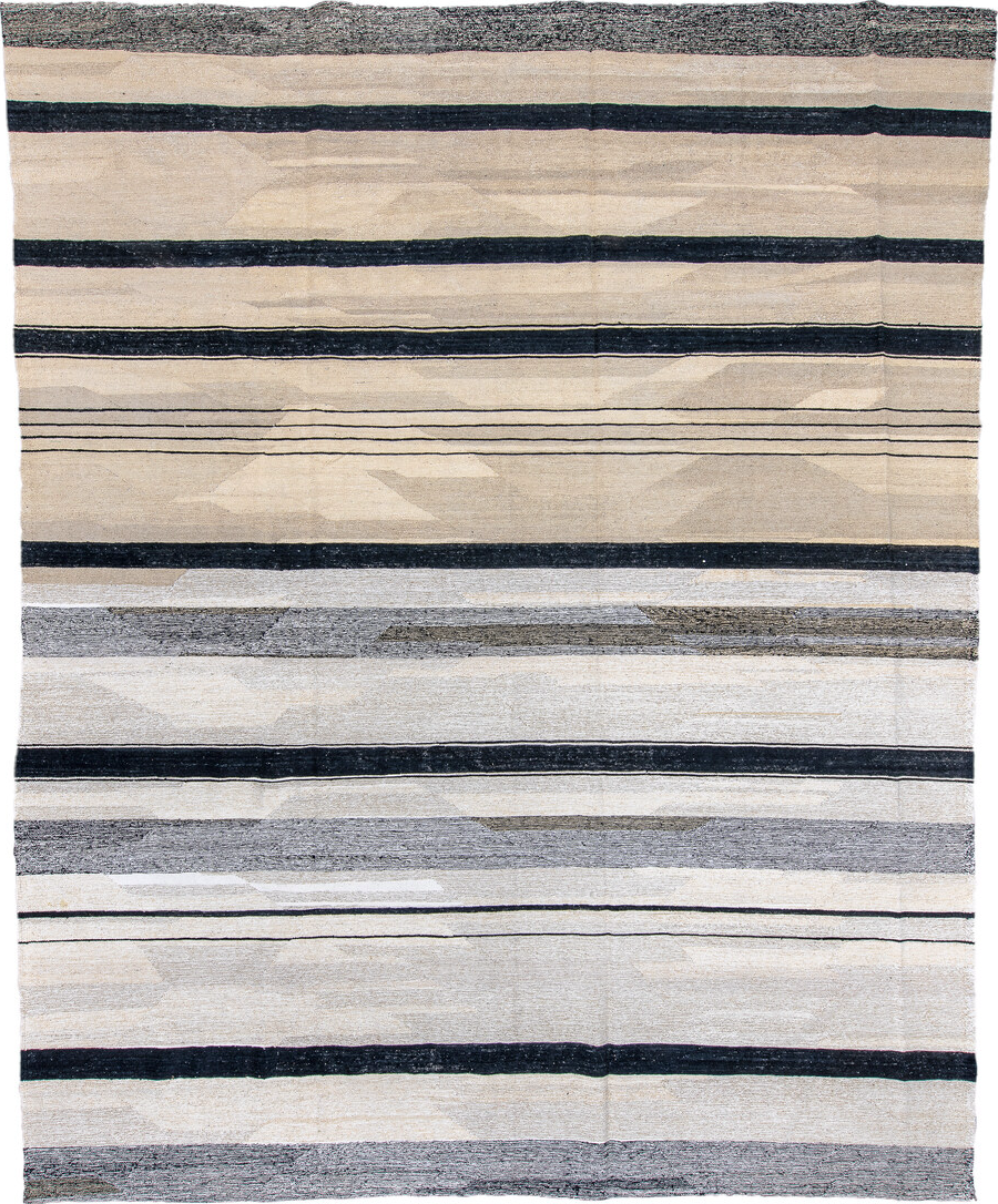 11' x 14' one-of-a-kind handmade vintage Kilim oversize rug. Color palette: blue, dark gray, dim gray, gainsboro, gray