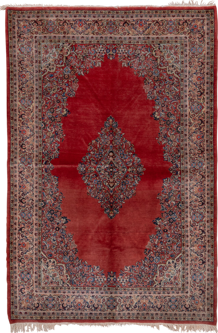 6' x 9' one-of-a-kind handmade vintage Sarouk medium size rug. Color palette: blue, brown, gray, light gray, off-white, pink