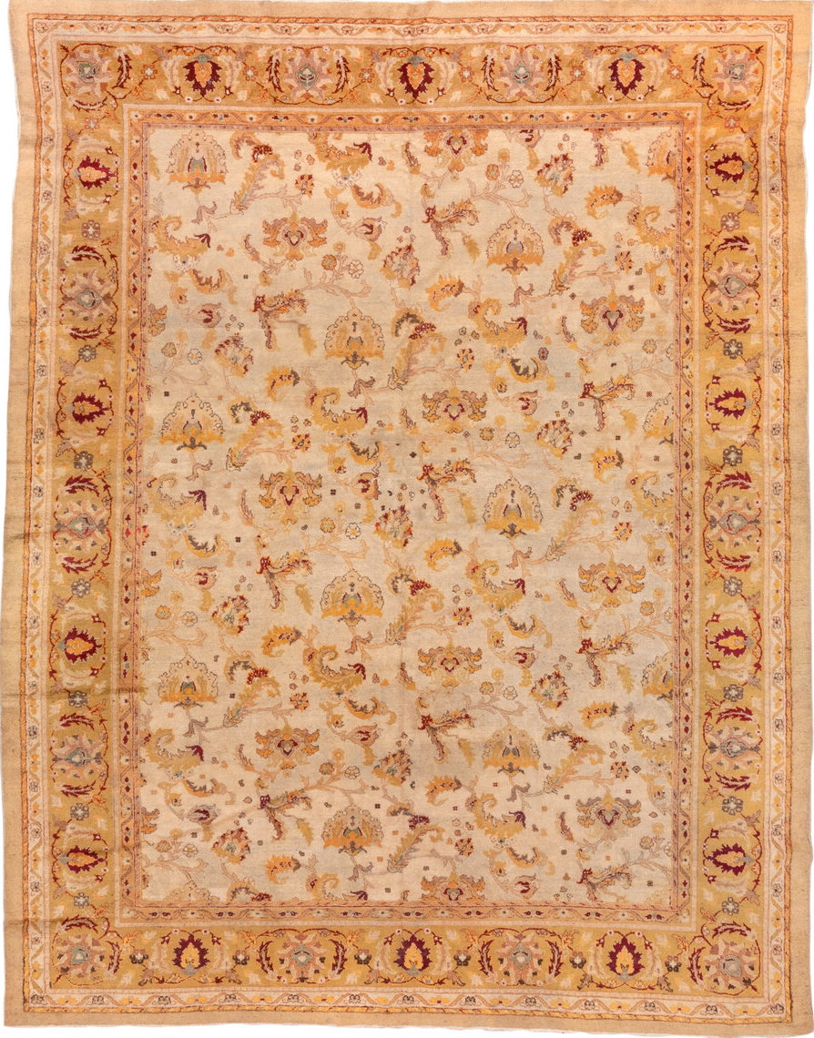9' x 11' one-of-a-kind handmade vintage Amritzar large size rug. Color palette: brown, burlywood, off-white, orange