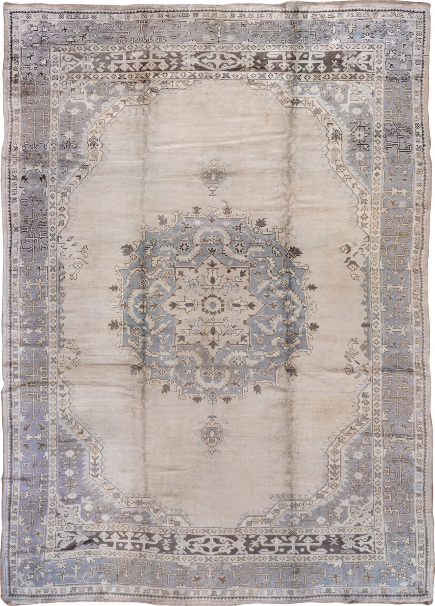 9' x 13' one-of-a-kind handmade vintage Oushak large size rug. Color palette: dark gray, gainsboro, gray, light gray