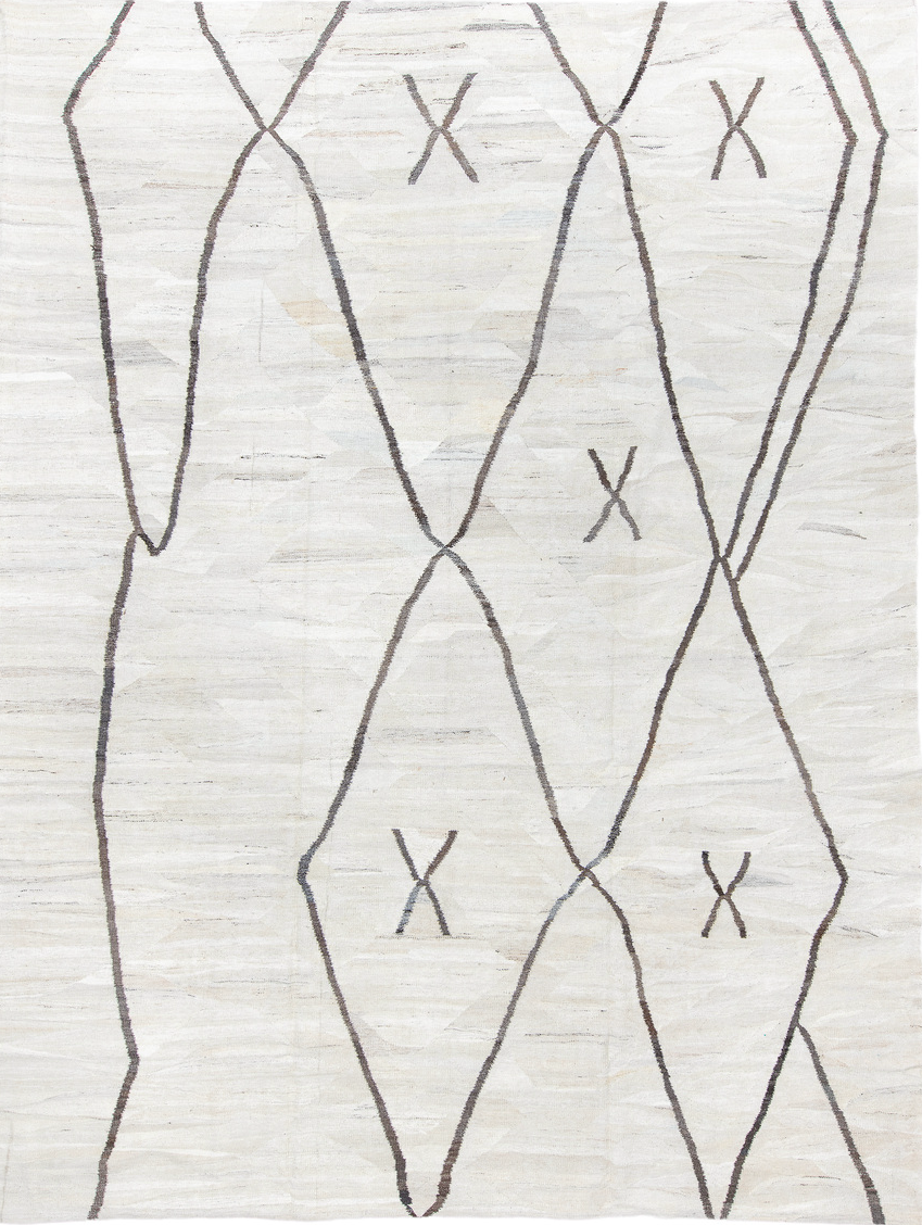 10' x 13' one-of-a-kind handmade vintage Kilim large size rug. Color palette: dark gray, gainsboro, gray, light gray