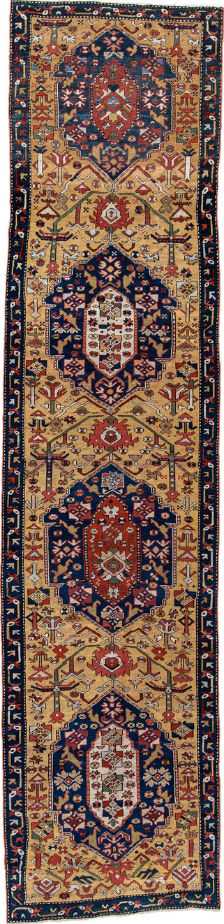 3' x 13' one-of-a-kind handmade vintage NW Persian runner rug. Color palette: gray, light gray, off-white, brown, red, blue