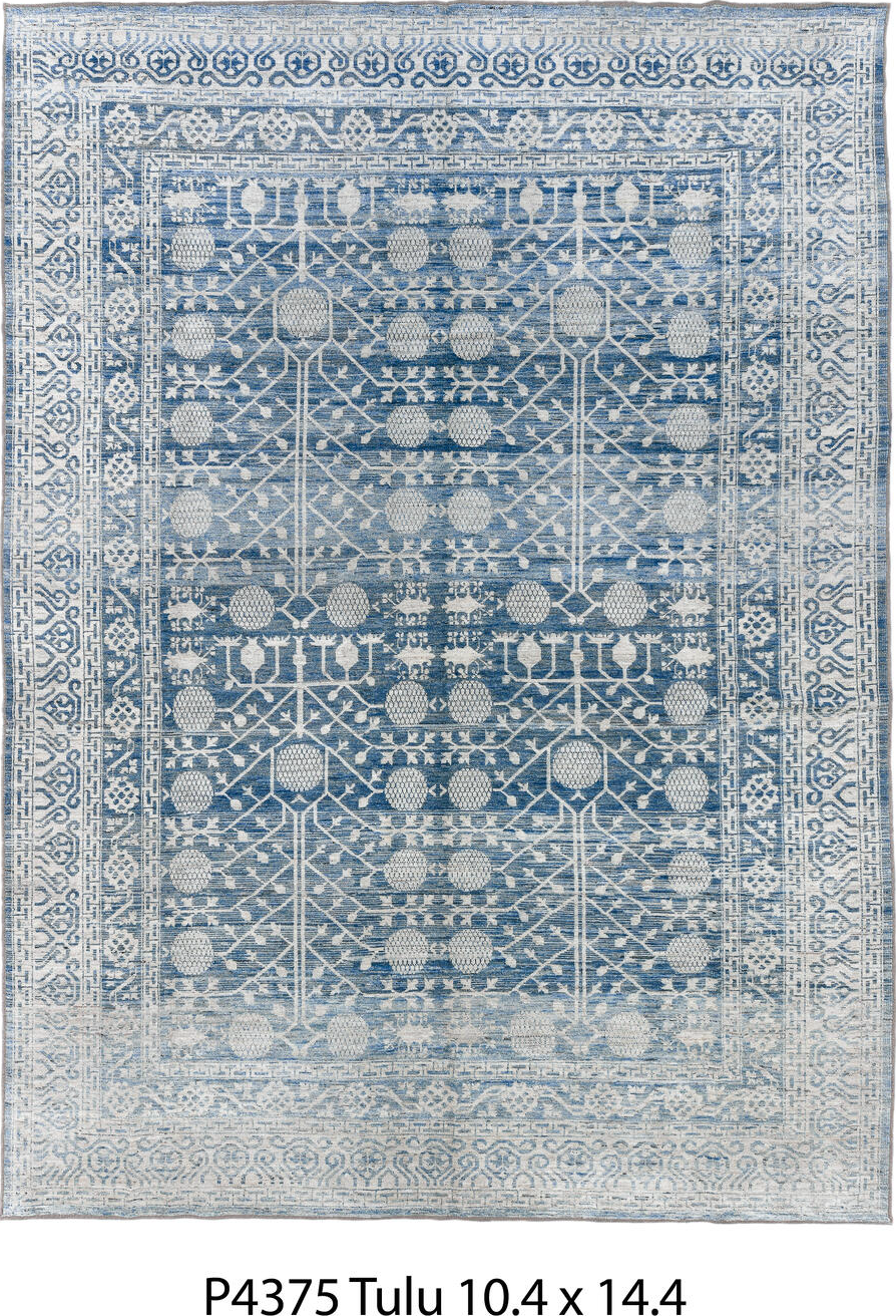 10' x 14' one-of-a-kind handmade vintage Tulu large size rug. Color palette: arapawa, black, blue, fiord, gainsboro, gray